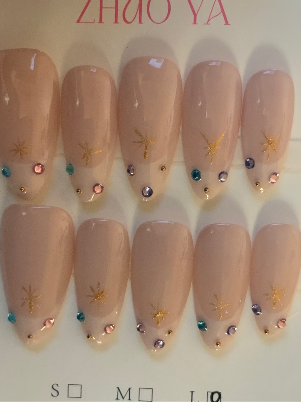 CUSTOM MADE L Nude Pink with Gold Star Accents & Rhinestones nail set